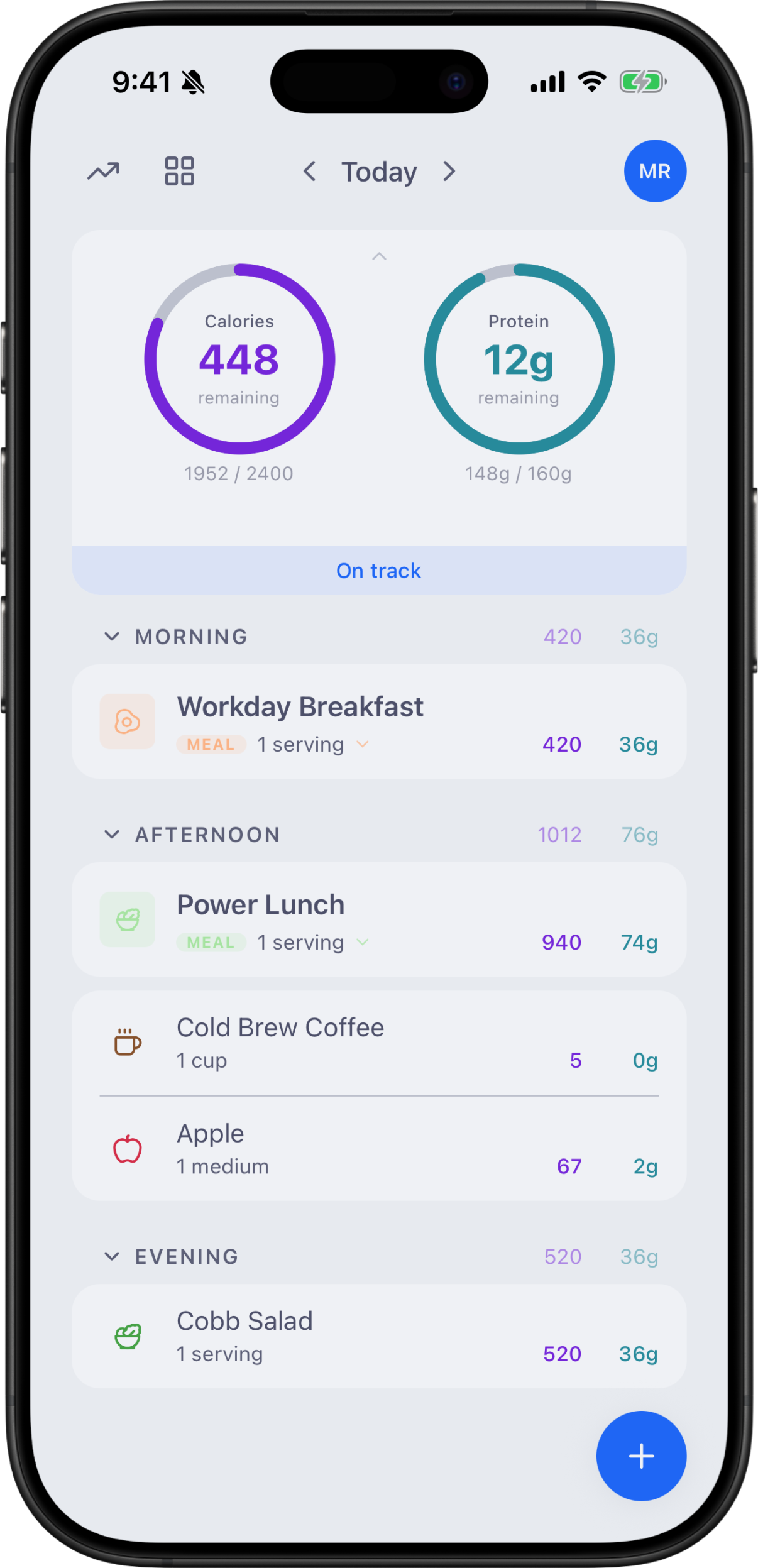 Maroon Today screen — 448 calories and 12g protein remaining, with the day’s meals listed below.
