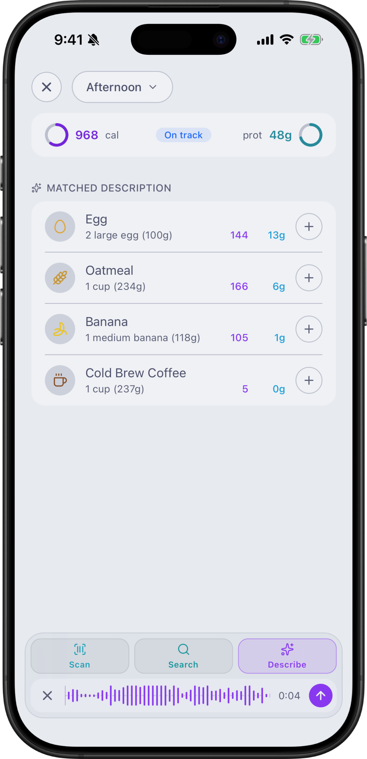 Voice logging matches a spoken meal description to four food entries with calories and protein.
