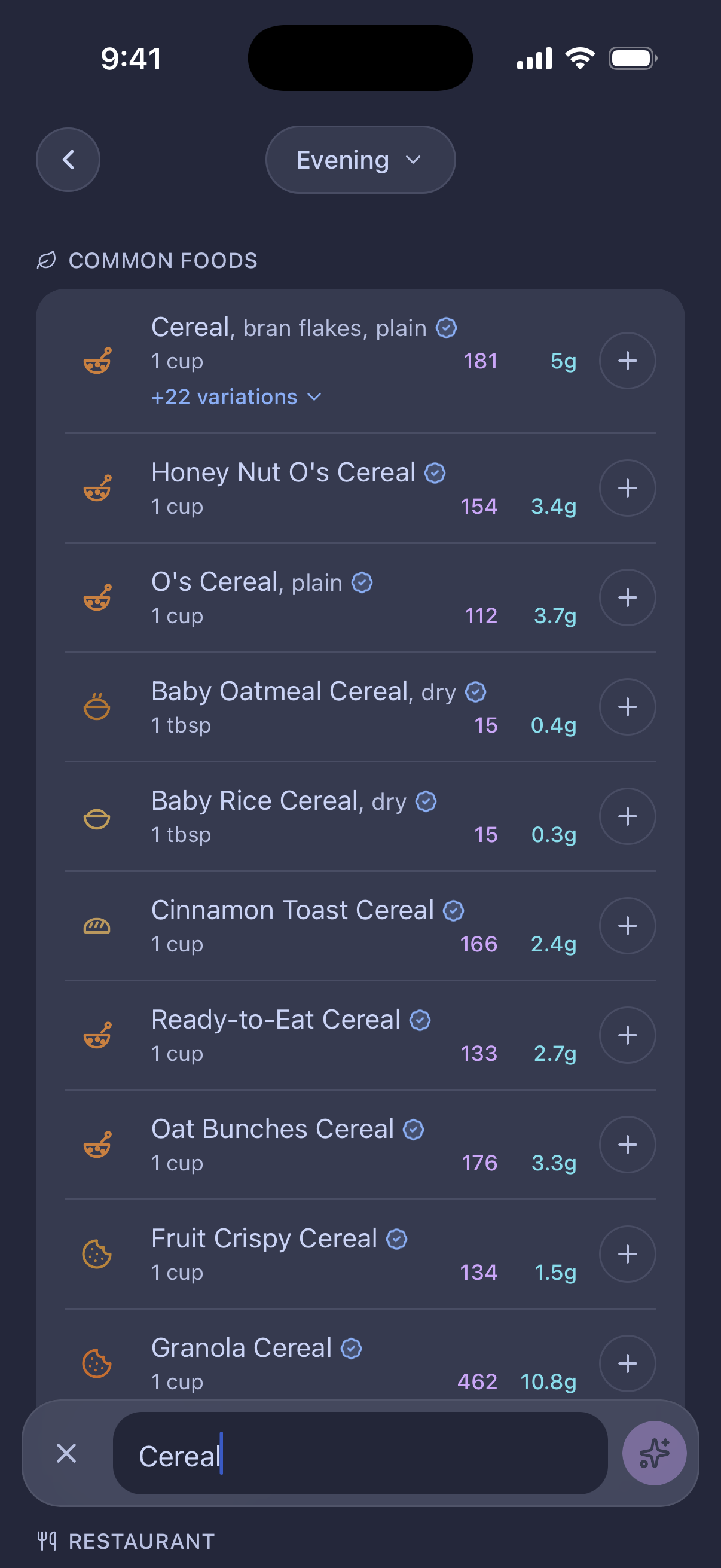 Food search with common foods, calories and protein per serving.