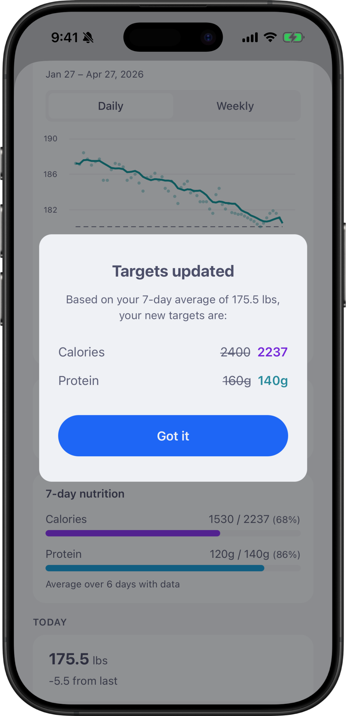 Targets-updated dialog showing new calorie and protein goals based on a 7-day weight average.