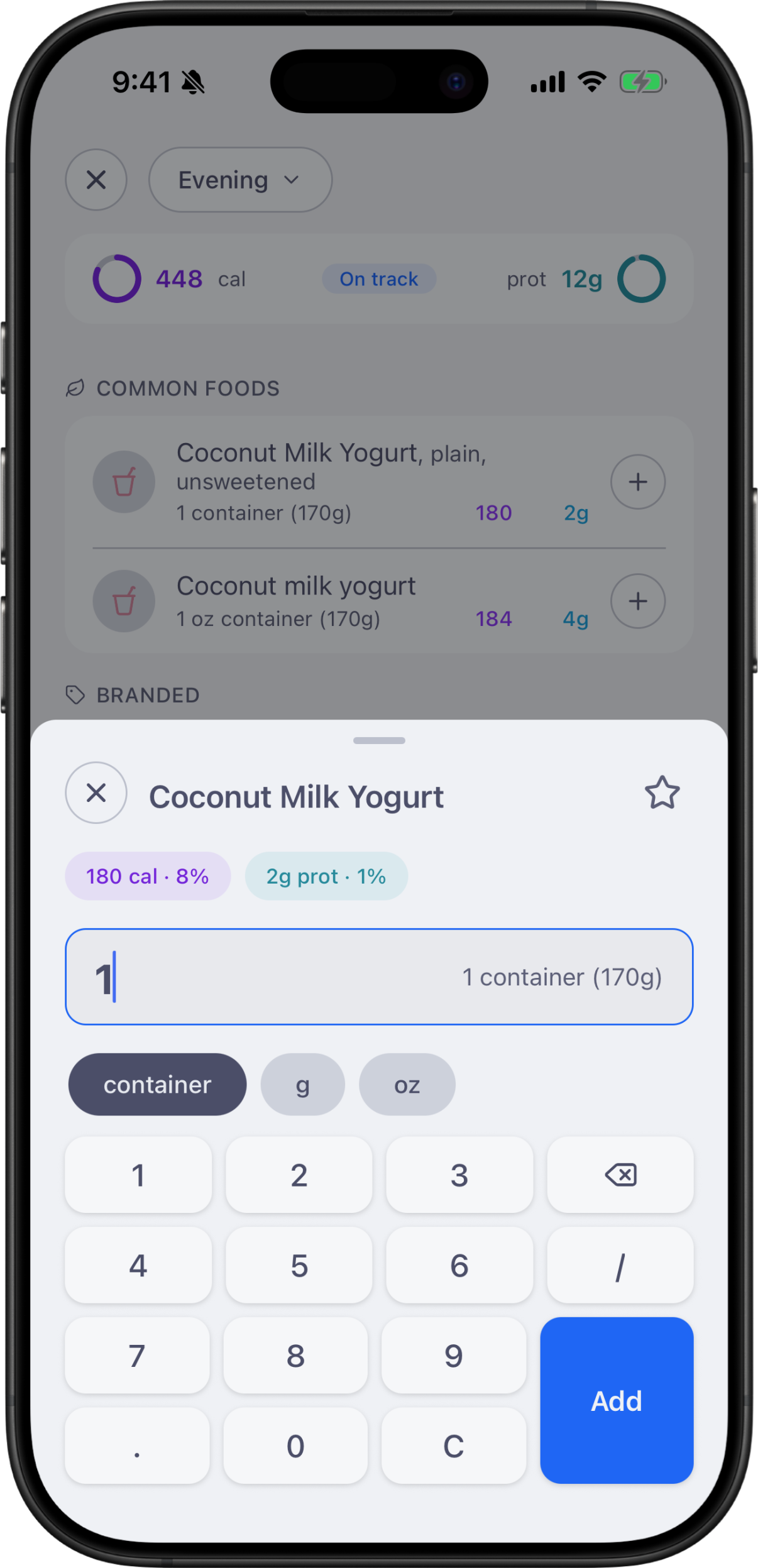 Food search showing common and branded coconut milk yogurt entries with calorie and protein details.