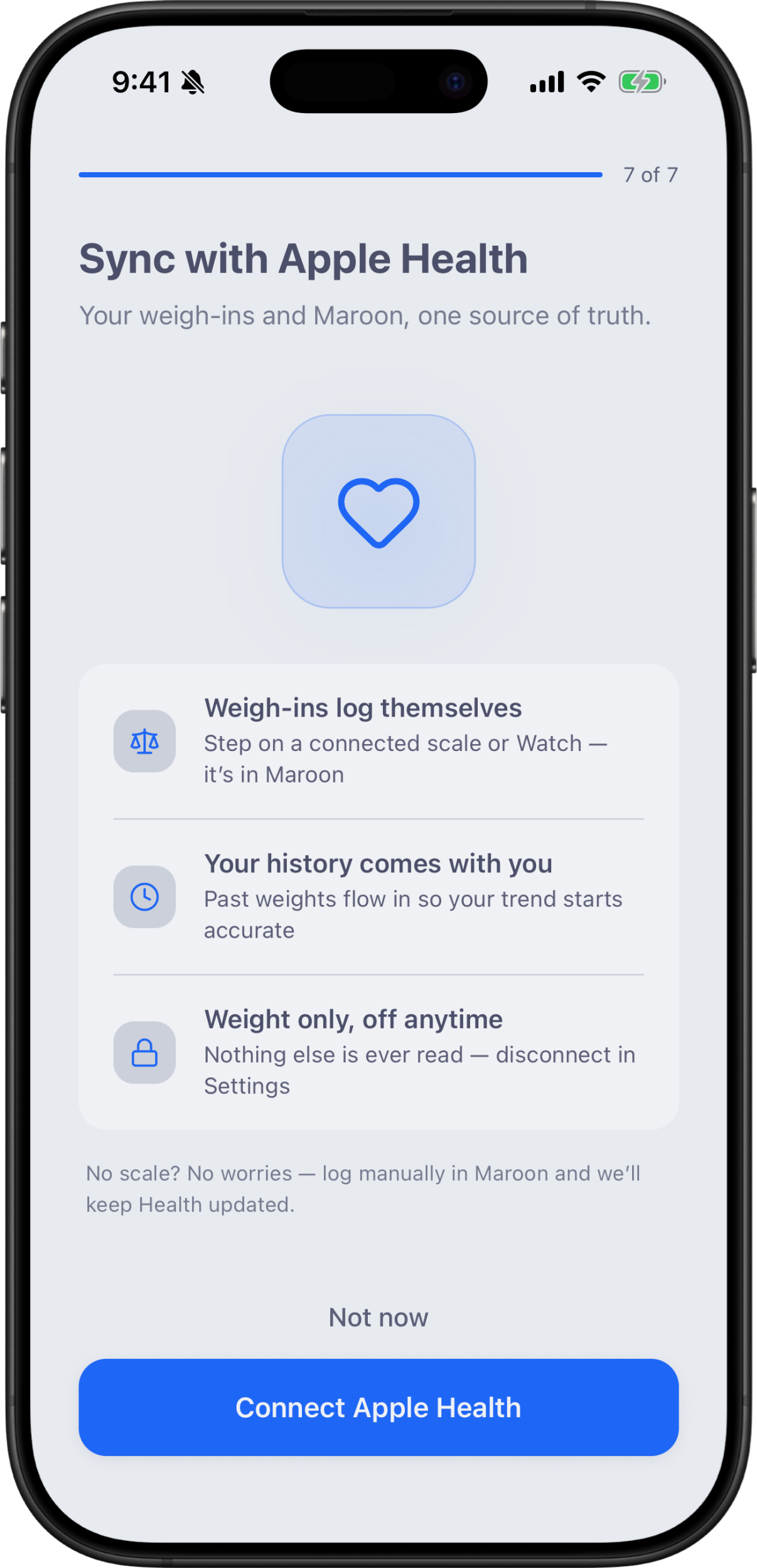 Sync with Apple Health — read weight, write macros.