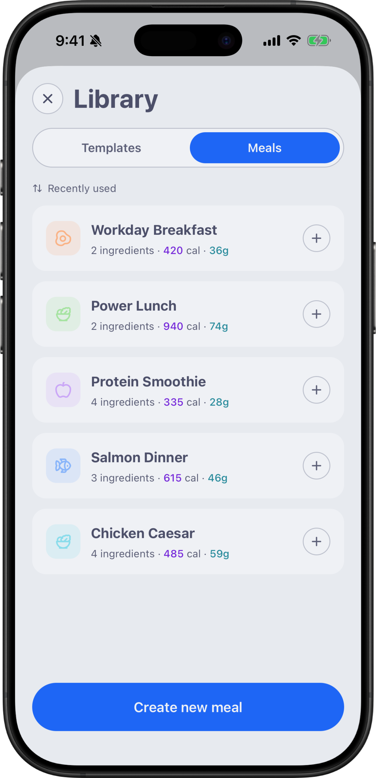 Meals library — Workday Breakfast, Power Lunch, Protein Smoothie, Salmon Dinner, Chicken Caesar.