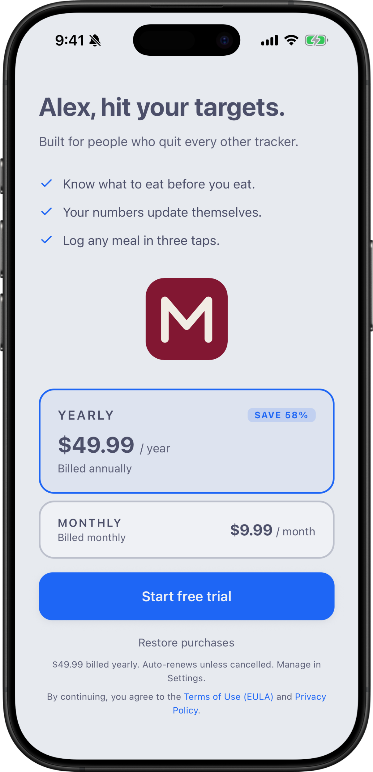 Maroon Premium — yearly and monthly options with a free trial.