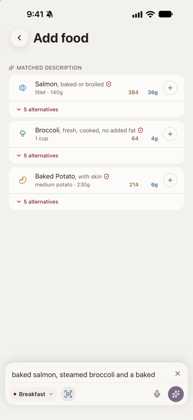A described meal matched to salmon, broccoli and a baked potato, each with calories and protein.