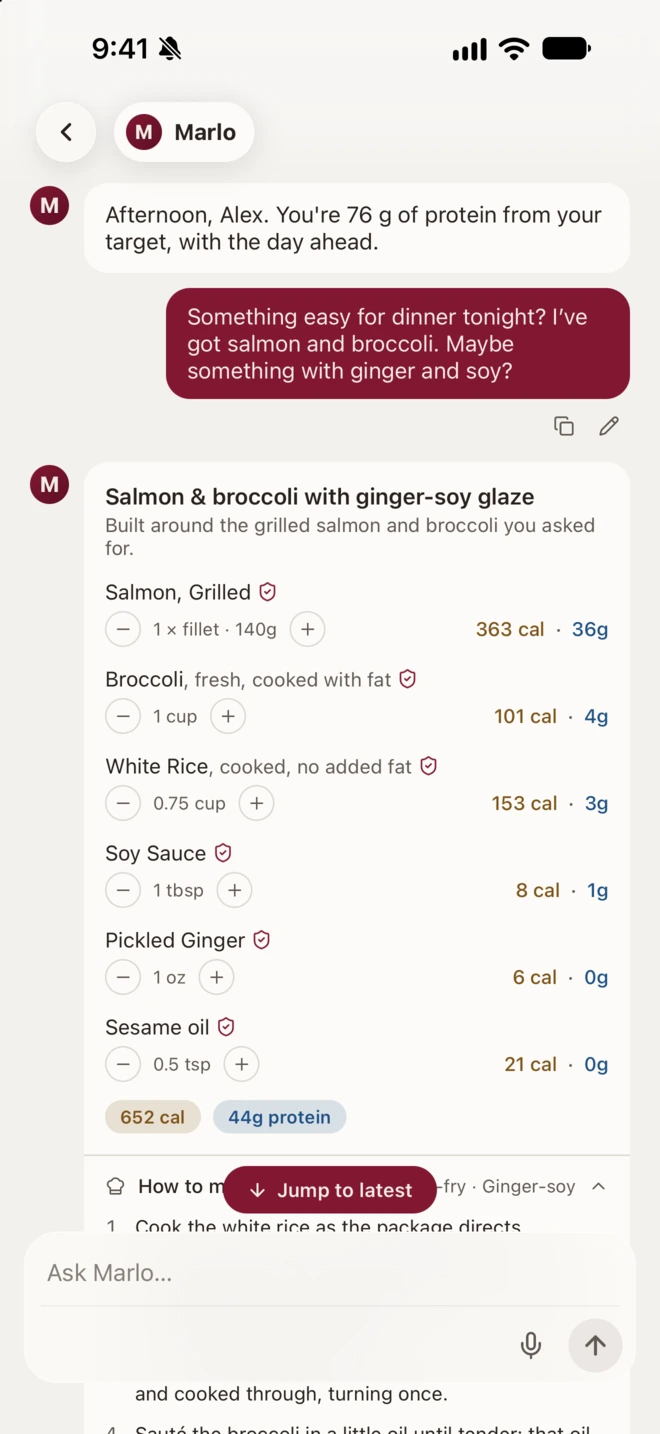 Asked for an easy dinner with salmon and broccoli, Marlo builds a ginger-soy glaze meal with each ingredient, its calories and protein.