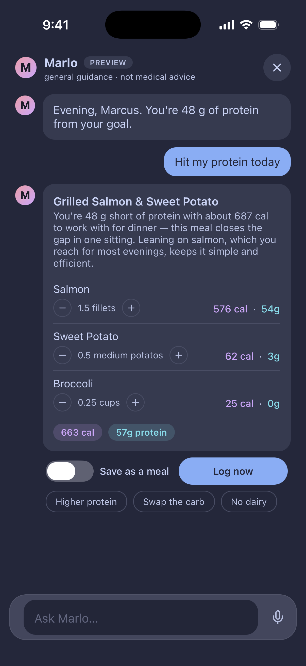 Asked to hit today's protein, Marlo builds a salmon and sweet-potato meal that closes a 48g gap.
