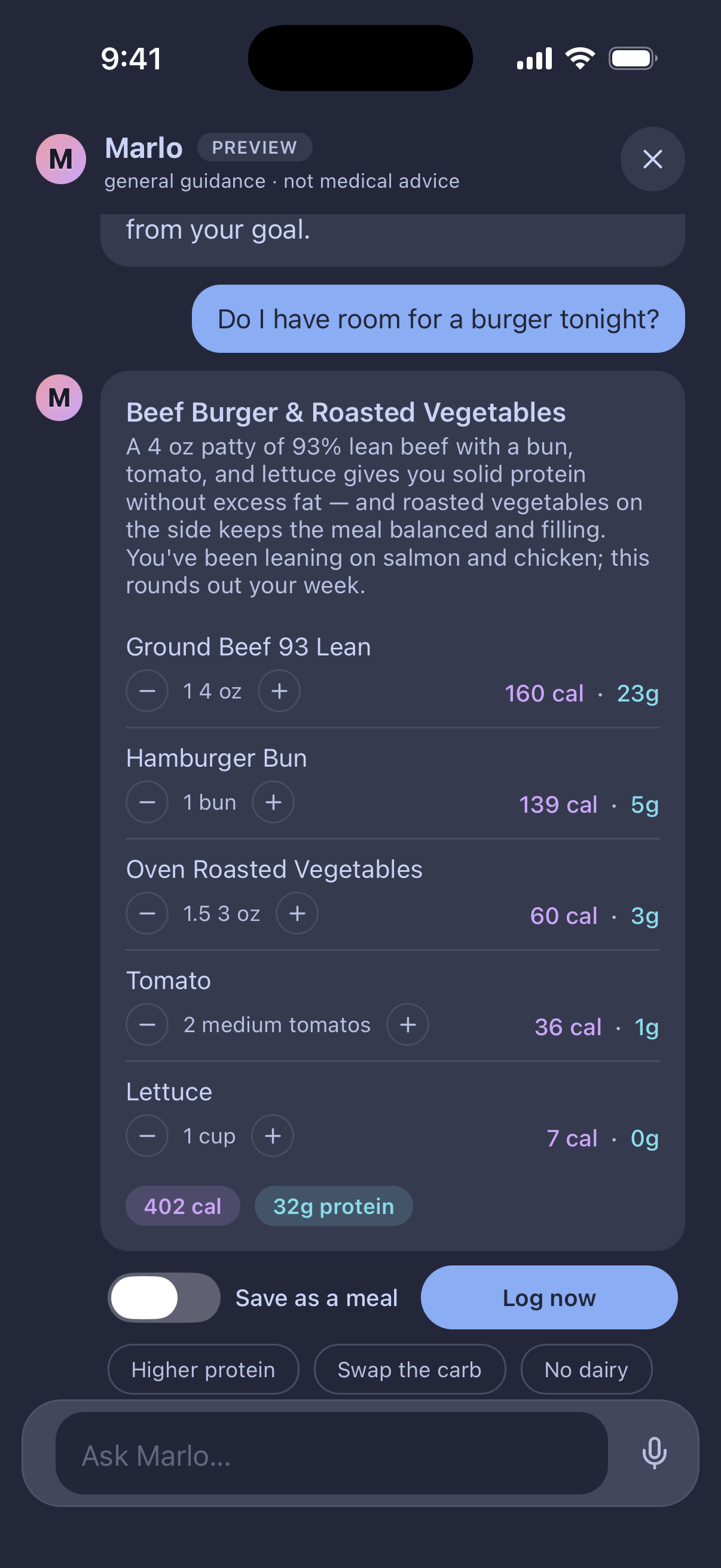 Asked about a burger, Marlo proposes a balanced beef and roasted-vegetable meal that fits the day.