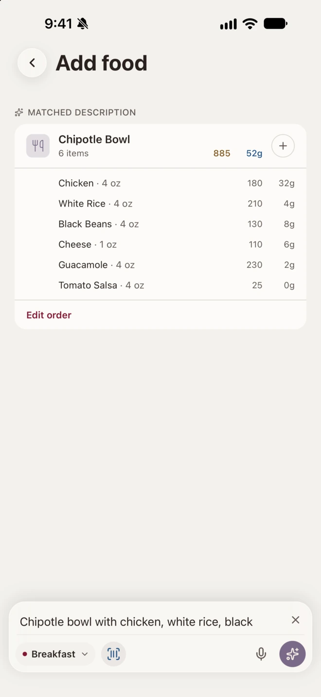A Chipotle bowl logged as six items: chicken, white rice, black beans, cheese, guacamole and tomato salsa.