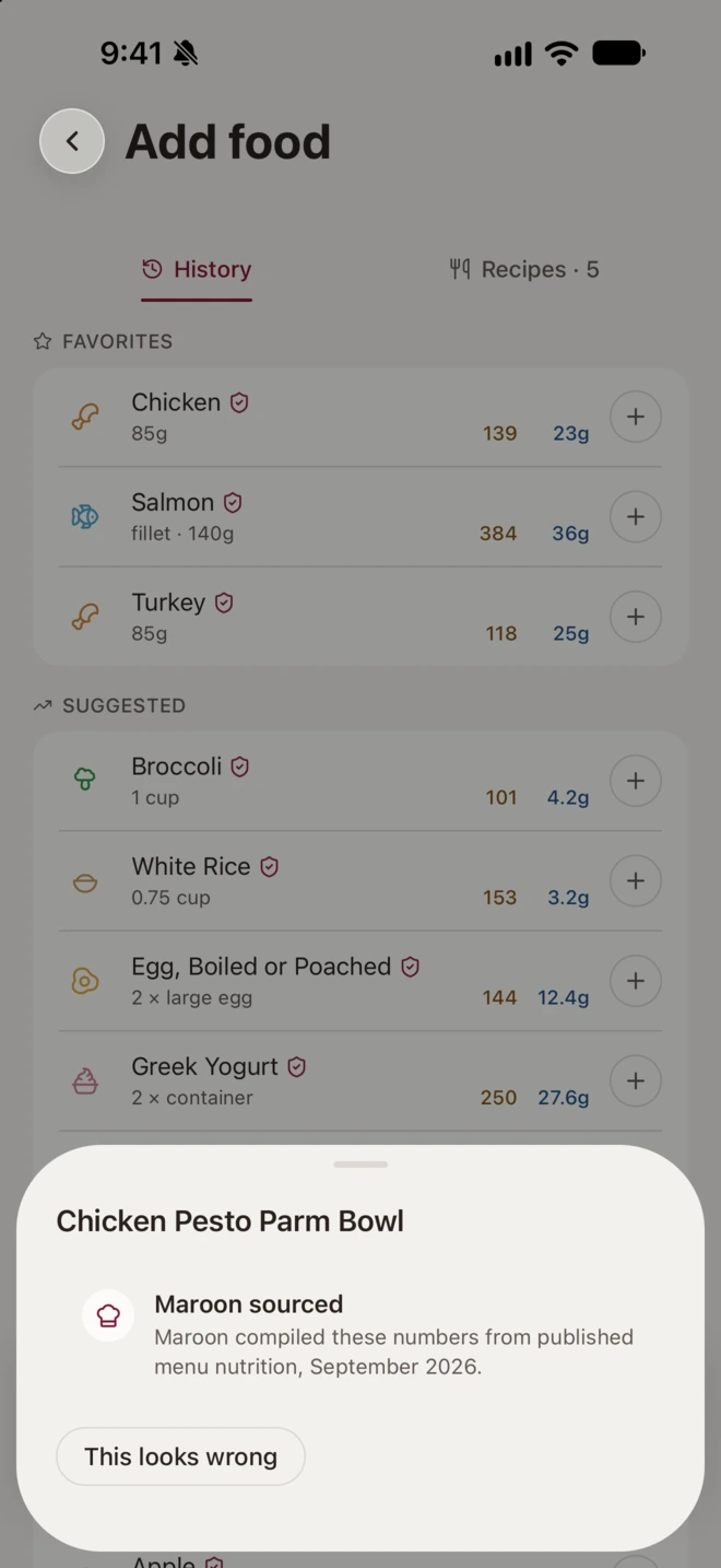 A food's source: Maroon compiled these numbers from the restaurant's published menu, with a This looks wrong button.