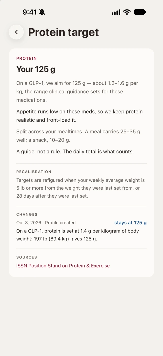 Protein target screen: your 125 g, how it is set, and the source it follows.